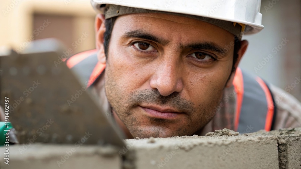 Poster Medium closeup captures the workers face slightly perspiring concentrating with furrowed brows while merging the trowels edge into the mortar seam reflecting dedication.