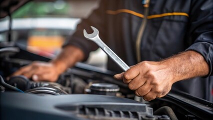 Medium closeup capturing a mechanics hands as they delicately inspect the generators internals skillfully holding a wrench while a small oil stain smudges the workers wrist.