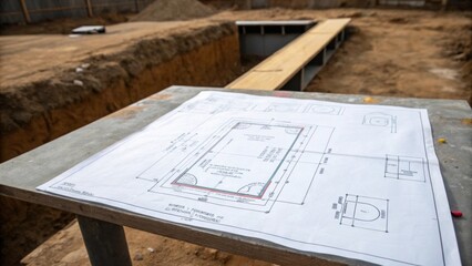 Fototapeta premium Medium closeup capturing an architects blueprint spread out on a makeshift table beside the foundation pit where chalk marks on the ground point to precise locations for structural