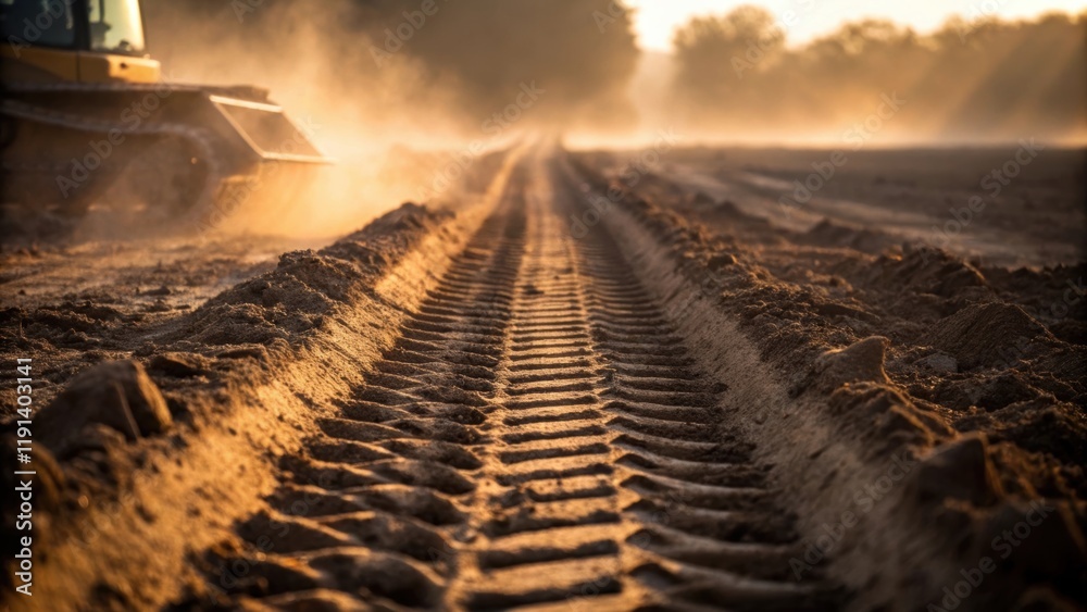 Aufkleber medium closeup of a bulldozers tracks pressing deep into freshly cleared earth with dust particles s