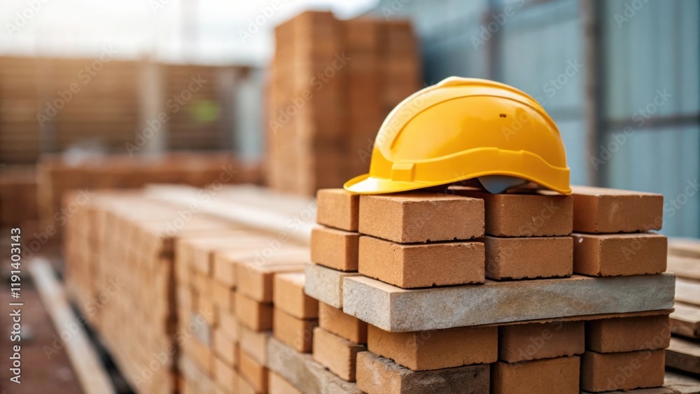 Poster medium closeup of a construction helmet resting on a stack of bricks the hard hat stands as a symbol