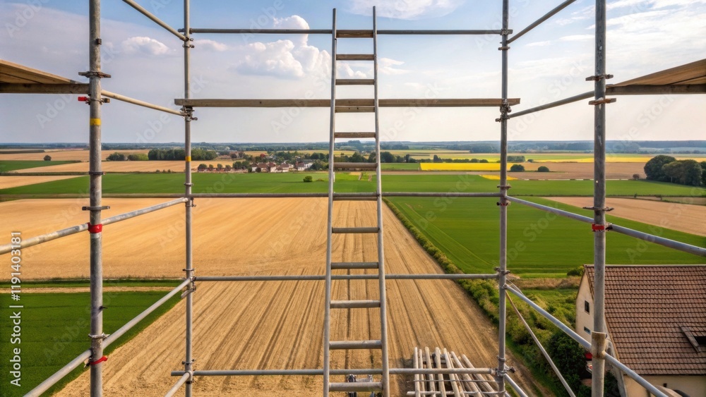 Poster Medium closeup of a construction site featuring scaffolding and ladders surrounded by fields capturing the juxtaposition of agriculture and building activity.
