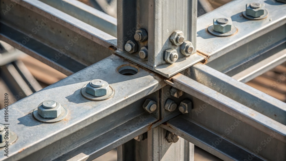 Poster Medium closeup of a crossbracing connection featuring diagonal steel members tied together with plates and bolts emphasizing the geometric precision and engineering design