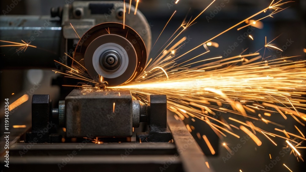 Poster Medium closeup of a grinding machine in use with sparks flying towards the camera capturing the raw energy and the volatile nature of the equipment in action.