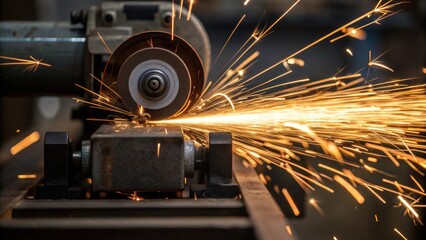 Medium closeup of a grinding machine in use with sparks flying towards the camera capturing the raw energy and the volatile nature of the equipment in action.