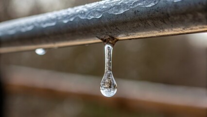 Medium closeup of a frozen condensation drip hanging from a horizontal pipe capturing the moment just before it breaks free with an emphasis on the translucency of the ice.