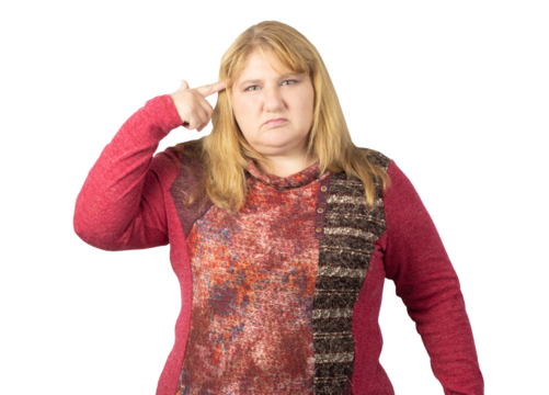 Frustrated Woman Pointing at Her Head with Displeasure