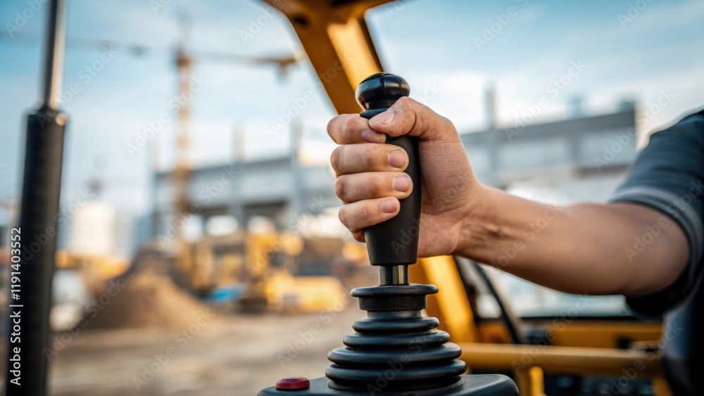 Poster Medium closeup of an operators hand gripping the joystick of an excavator with a blurred worksite in the background capturing the precision and control involved in handling such