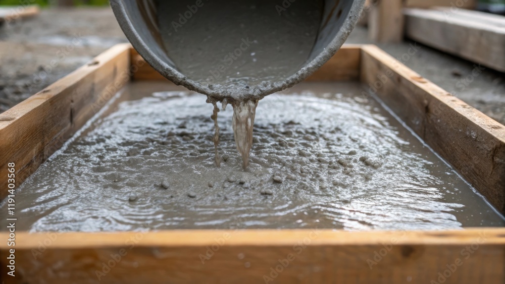 Poster Medium closeup of a large bucket pouring a steady stream of wet concrete into a wooden frame with droplets splashing and forming small patterns as they hit the surface.