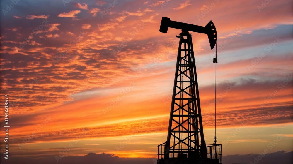 Poster medium closeup of a pile driver tower silhouetted against a vibrant sunset with the hammer poised at