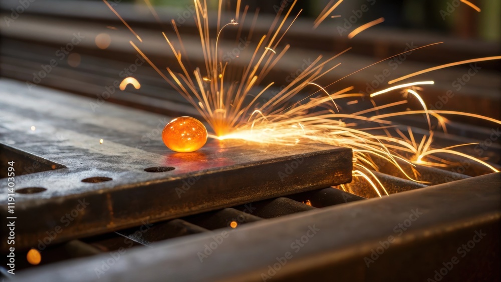 Poster medium closeup of a metal surface being welded with a glowing molten bead forming as sparks dance ar