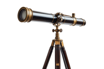 Vintage telescope on a wooden tripod showcasing craftsmanship and design details from an earlier era in a well-lit room