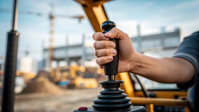 Medium closeup of an operators hand gripping the joystick of an excavator with a blurred worksite in the background capturing the precision and control involved in handling such
