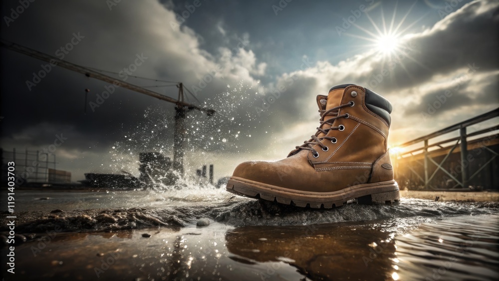 Poster Medium closeup of a rugged work boot stepping through a puddle on the construction site with sunlight filtering through the storm clouds capturing the splash of the water against