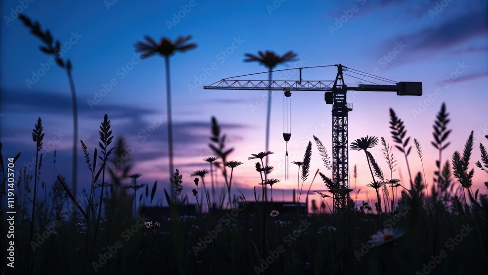 Poster medium closeup of a shadowy construction site at dusk where the silhouettes of cranes loom over a fi