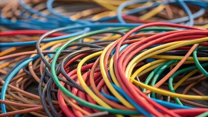 Medium Closeup of a Tangled Wire An abstract view of a tangled mass of colorful wires showcasing their textures and the interplay of light and shadow as they intertwine and
