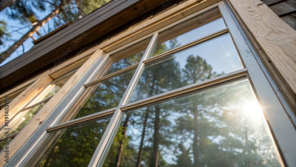 Poster Medium closeup of a window frame taking shape with sunlight glinting off the glass panes and reflections of trees visible within symbolizing a connection between indoors and