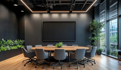 Fototapeta premium A large black wall in the meeting room of an office building with dark gray walls, gray chairs around round wooden tables, and modern lighting overhead.