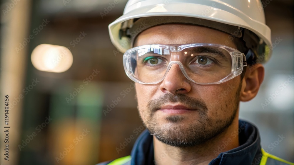 Poster Medium closeup of a workers face accentuated by the gleaming reflections in their safety glasses capturing the essence of concentration and safety in a dynamic work environment.