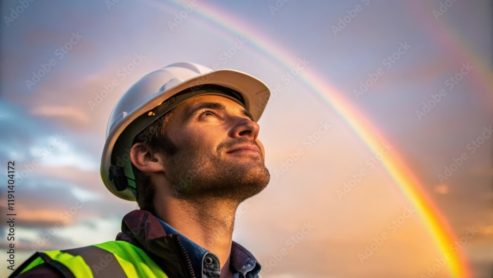 Aufkleber medium closeup of a workers face illuminated by the soft light of the fading sun as they gaze up at 