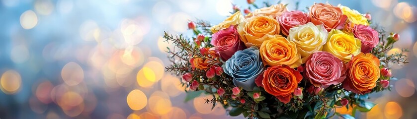 Fototapeta premium Colorful Rose Bouquet with Vibrant Blooms Against a Soft Bokeh Background for Floral Arrangements