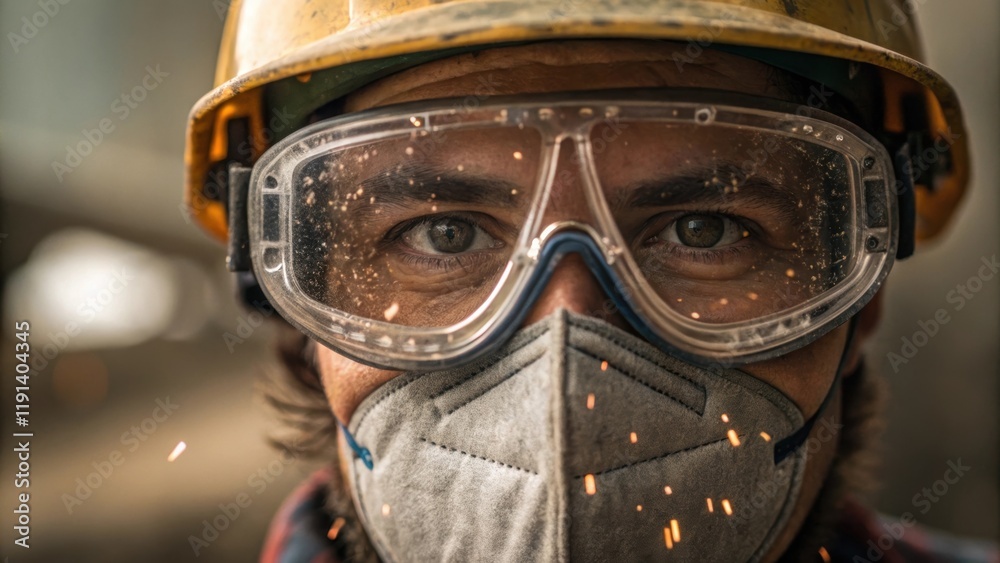 Poster Medium Closeup of Protective Equipment A workers face framed by protective goggles and a mask with visible grime and sparks reflected in the lenses. The image conveys a sense of