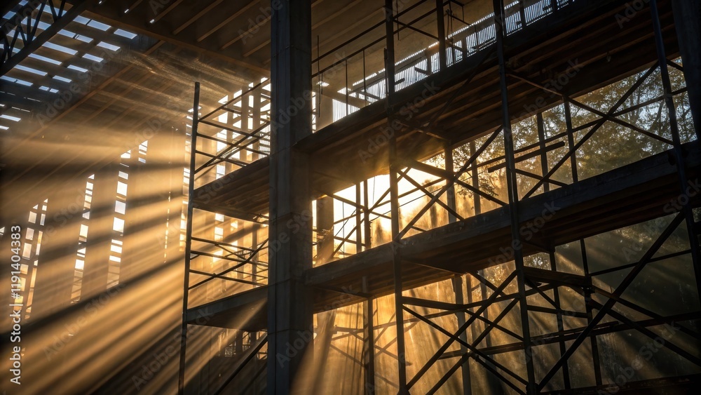 Aufkleber Medium closeup of sunlight filtering through the skeletal framework of a halfbuilt structure casting intricate patterns of light and shadow on the nearby scaffolding.