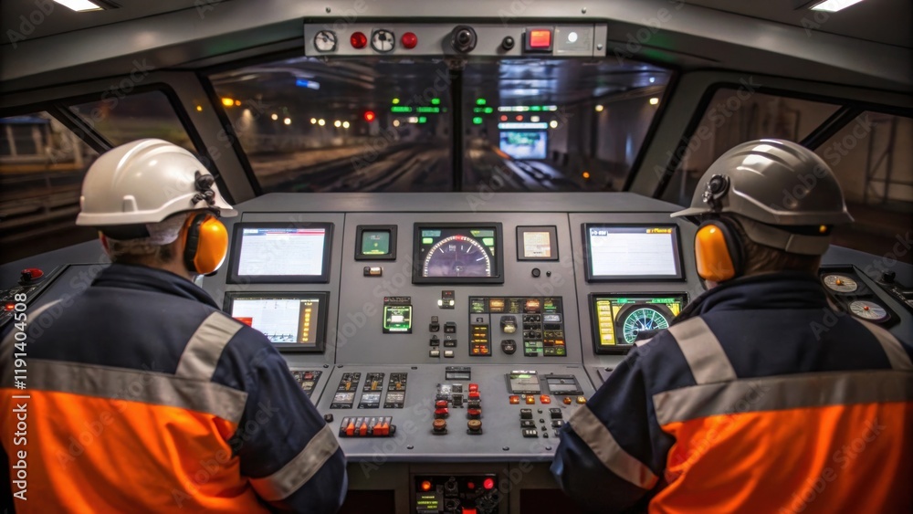Aufkleber Medium closeup of the tunnel boring machines control panel displaying a maze of levers gauges and screens with operators intensely focused on monitoring the machines performance