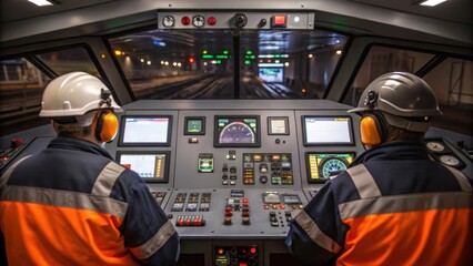 Medium closeup of the tunnel boring machines control panel displaying a maze of levers gauges and screens with operators intensely focused on monitoring the machines performance