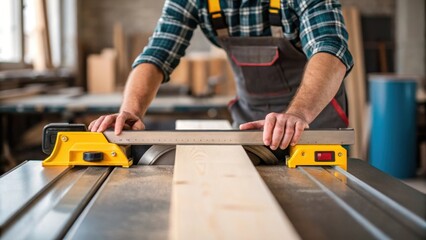 Medium closeup of the worker adjusting the settings on the saw with one hand while the other stabilizes the lumber on the workbench showcasing the blend of skill and machinery.