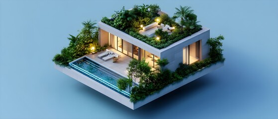 Fototapeta premium Modern Tropical Villa with Swimming Pool and Lush Greenery on Rooftop