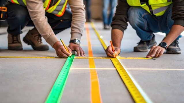 Medium closeup of workers measuring and marking alignment on the ground with bright chalk showcasing precision tools and collaborative teamwork.