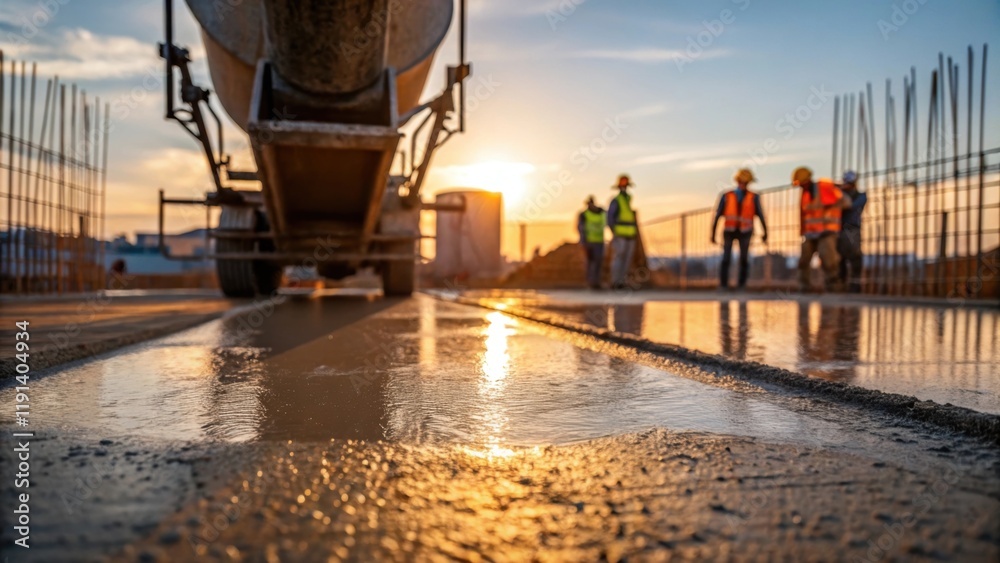 Poster midday activity a closeup of a cement mixer pouring fresh concrete the sunlight reflecting off the w