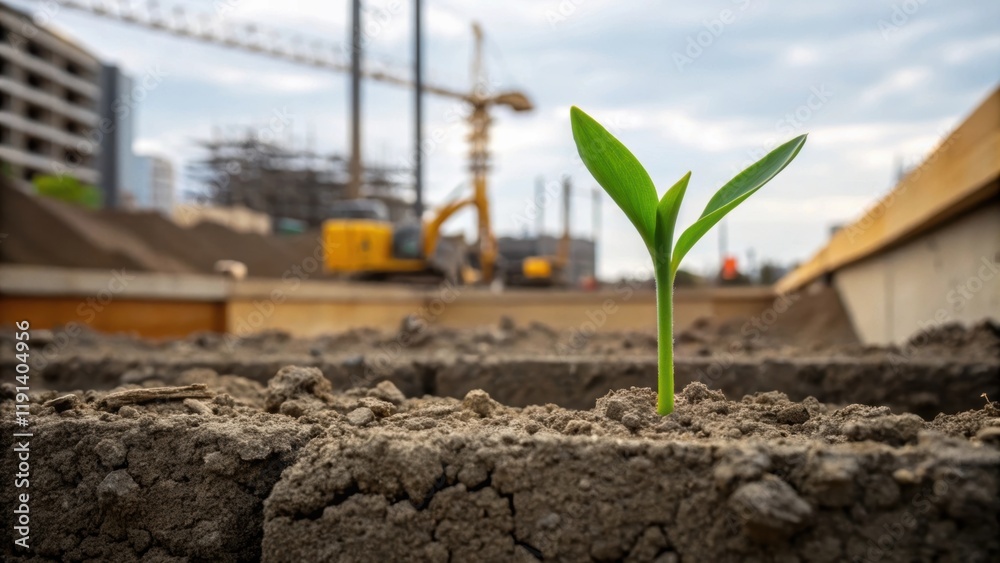 Poster nature and industry a closeup of a green sprout pushing through the soil at the edge of the construc