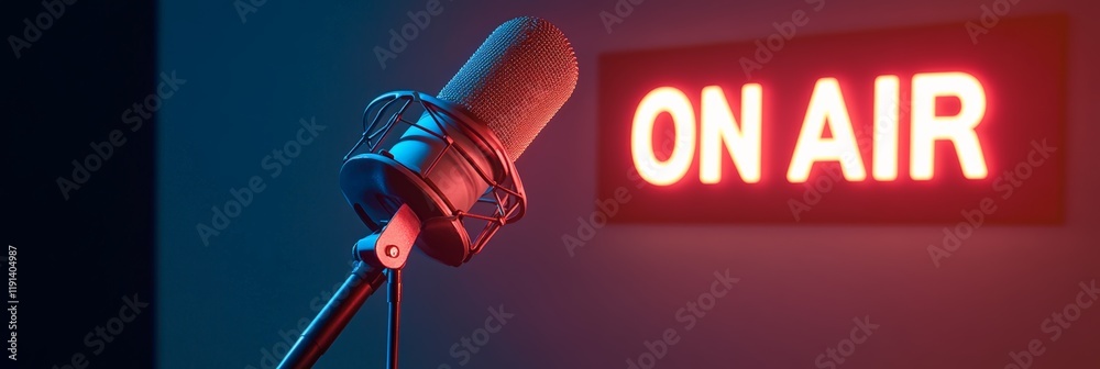 Poster professional microphone is ready for a radio show with illuminated on air sign in the background, re