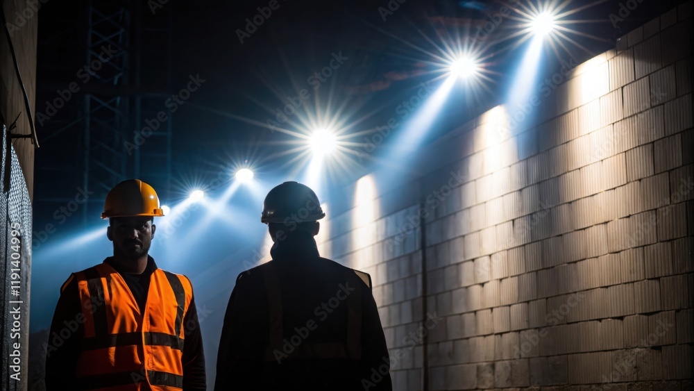 Poster night work a medium closeup of powerful floodlights illuminating a construction area casting stark s