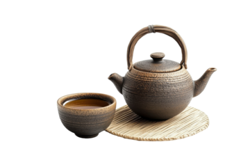 Elegant teapot and cup set placed on a bamboo mat showcasing traditional tea culture in a serene setting