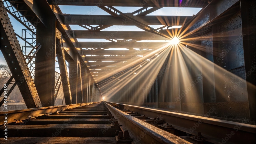 Poster rays of sunlight pierce through gaps in the steel beams creating a radiant pattern that dances upon 
