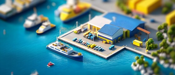 Colorful Miniature Port Scene with Boats and Warehouses on a Sunny Day