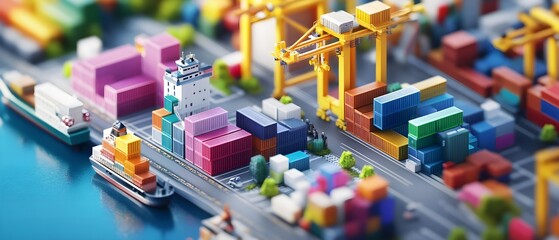 Obraz premium Colorful Shipping Containers and Cranes at a Busy Port Overview Scene