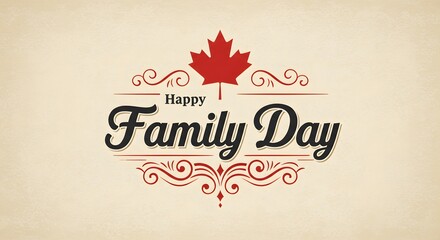 Canadian Family Day greeting card featuring a radiant yellow background with a bold red maple leaf and dynamic abstract pattern for a vibrant design