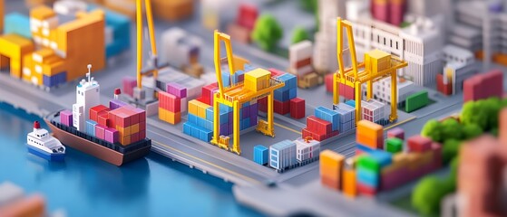 Naklejka premium Busy Shipping Port with Cranes and Colorful Containers in Miniature View