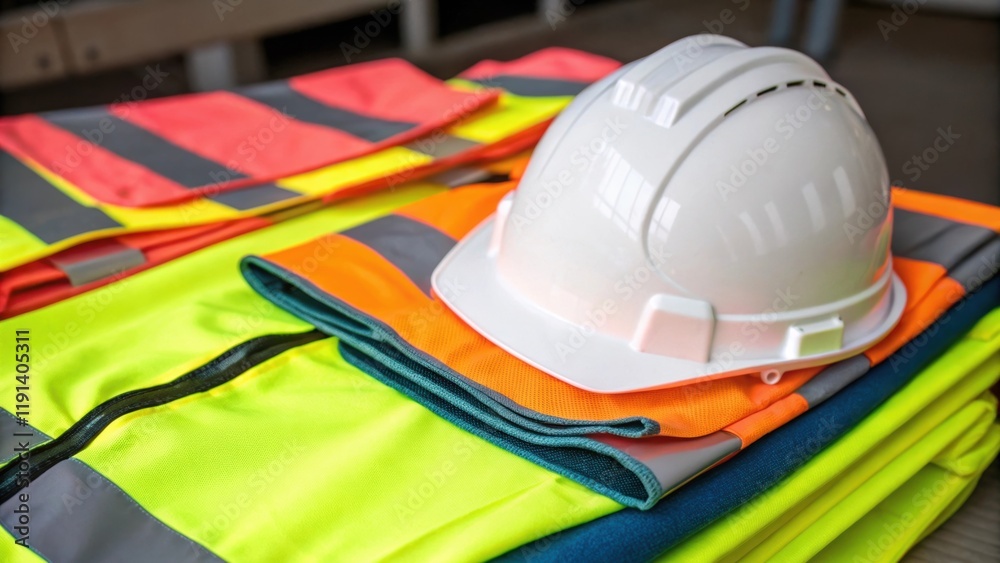 Poster safety precautions a medium closeup of a hard hat resting on a stack of safety vests highlighting a 