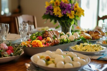 Elegant spring table setting with colorful flowers and sumptuous easter feast.
