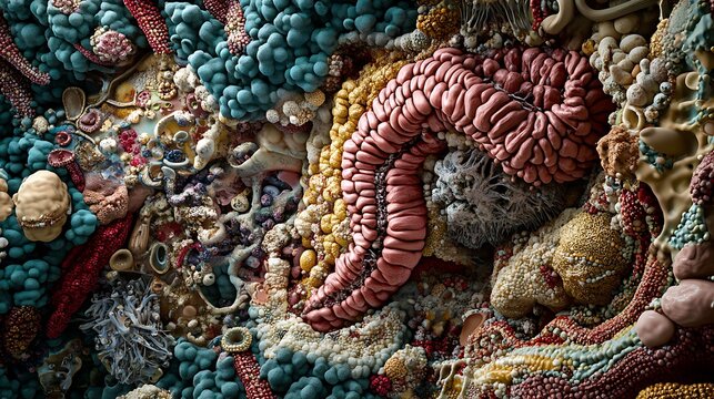 Artistic depiction of the human digestive system focusing on the pancreas and duodenum
