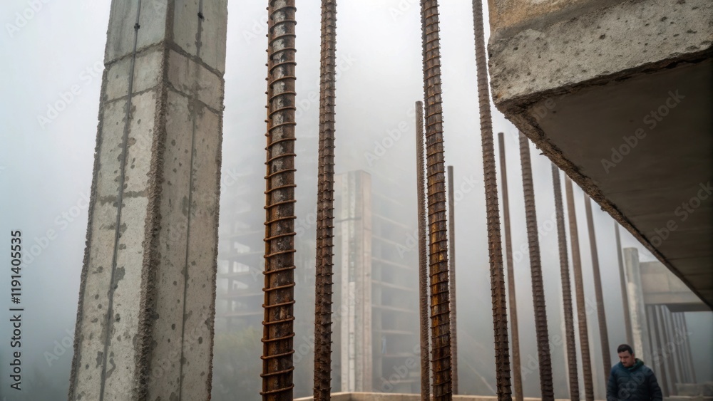 Aufkleber steel bones a closeup of exposed rebar jutting out from concrete pillars ly visible through the fog 
