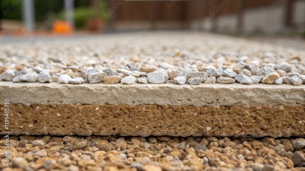 Aufkleber The camera captures a closeup of compacted gravel showing its grains and the layer beneath a laid foundation emphasizing the essential role of proper drainage and support.