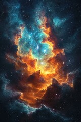 Fototapeta premium Cosmic nebula, fiery orange, teal swirls, stars.