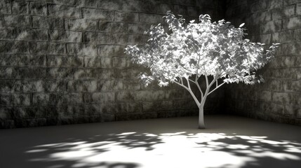 Solitary Tree in a Stone-Walled Courtyard Casting Shadows Under Bright Sunlight.