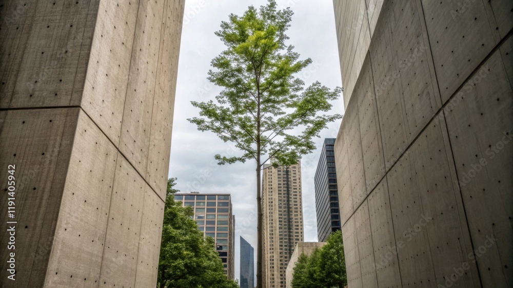 Poster The contrast between the towering concrete structures and the small tree standing tall captured from a medium perspective illustrating the struggle between nature and urbanization.